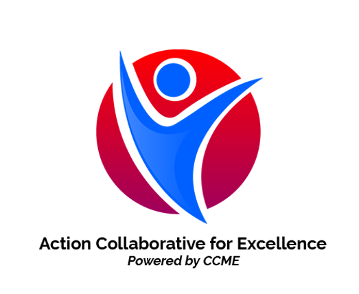 Logo of Action Collaborative for Excellence with a stylized human figure in blue and red inside a red circle, with text below reading 'Action Collaborative for Excellence, Powered by CCME'.