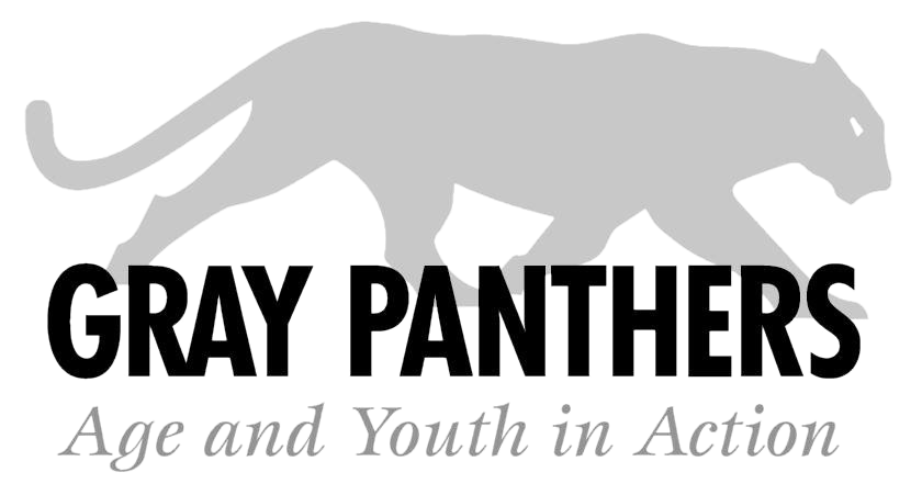 A logo featuring a gray panther walking with the text "GRAY PANTHERS" and the tagline "Age and Youth in Action" beneath it.