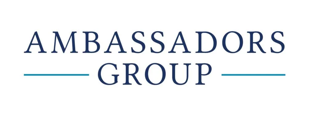 The logo for Ambassadors Group, with the words 'Ambassadors Group' in blue text and two horizontal lines on either side of the word 'Group'.