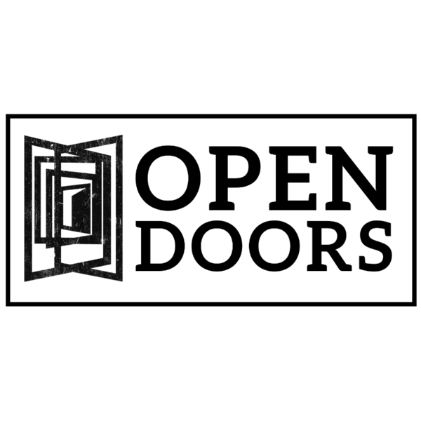 Sign with a stylized open door icon and the words "OPEN DOORS" in bold black text.