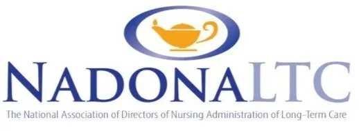 Logo for the National Association of Directors of Nursing Administration of Long-Term Care (NADONA LTC) featuring a golden nursing lamp inside a blue oval.
