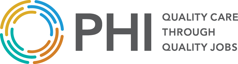 PHI logo with colorful circular design and the slogan 'Quality Care Through Quality Jobs'.