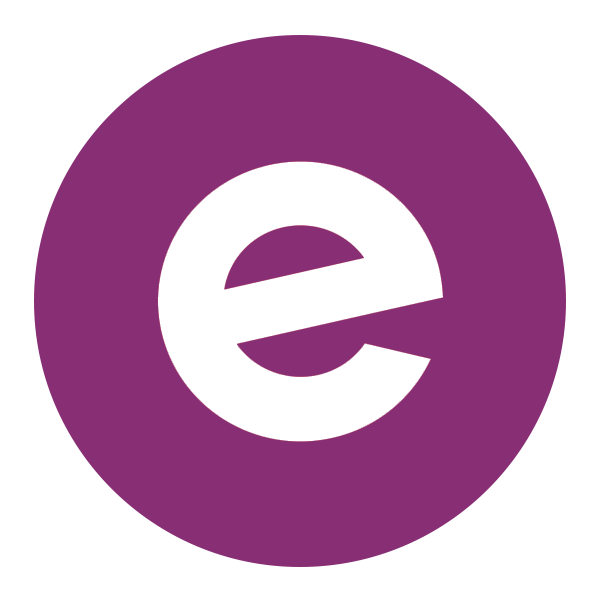 The image features a white lowercase letter 'e' on a purple square background.
