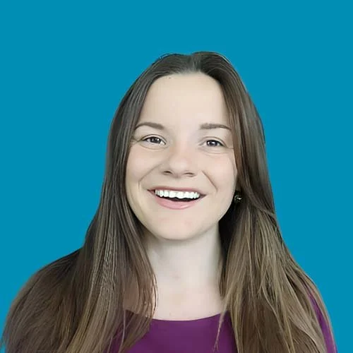 A photo of Jennifer Baker on a blue background.