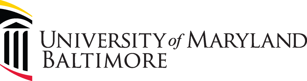 University of Maryland Baltimore logo with a black serif font and colored curved lines in yellow, black, and red.