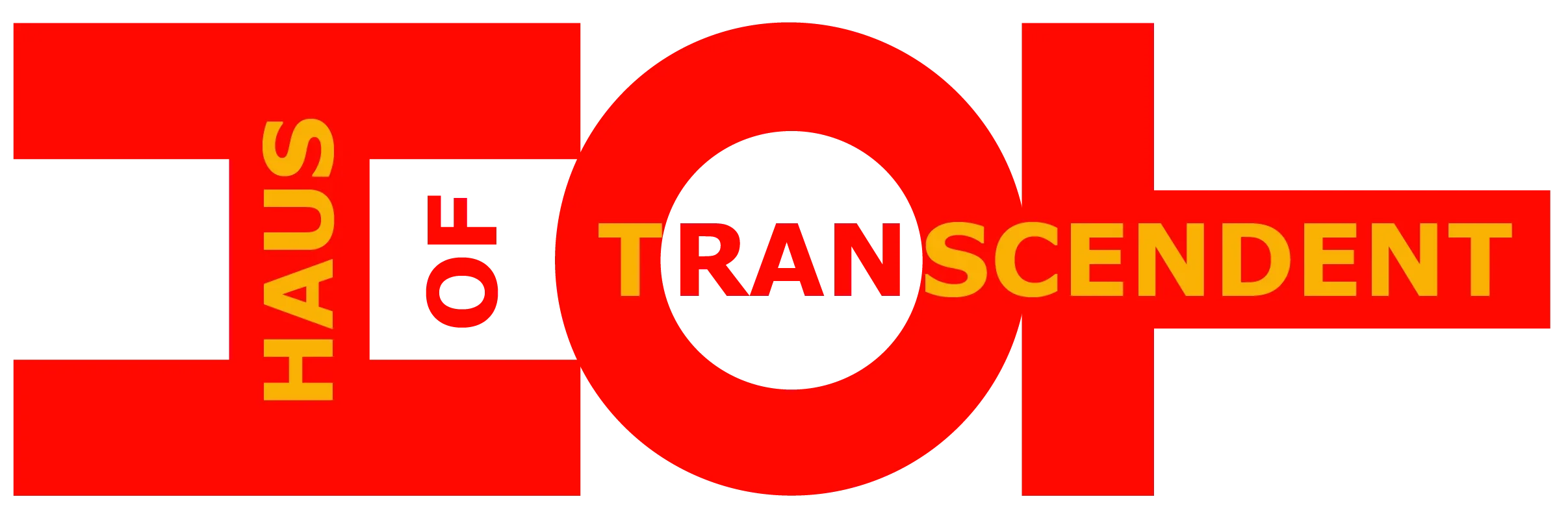 Graphic design with a red cross and circle and yellow text that reads 'HAUS OF TRANSCENDENT' inside.