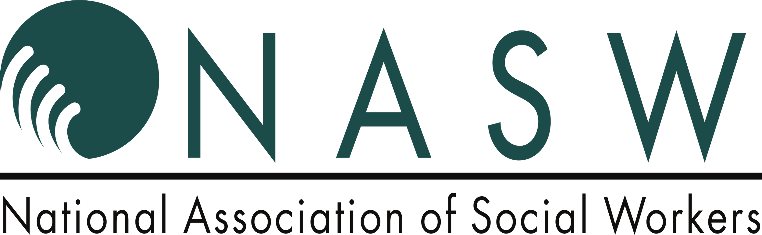 Logo of NASW, displaying a stylized hand forming a circle with the fingertips, and the text 'NASW' with 'National Association of Social Workers' underneath.