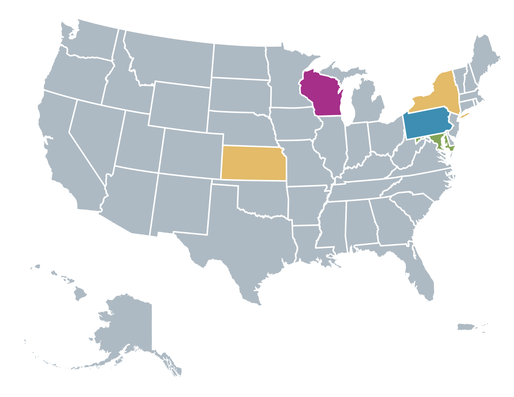 Map of the United States with several states colored differently, including Minnesota in purple, New York in yellow, and Pennsylvania in teal.