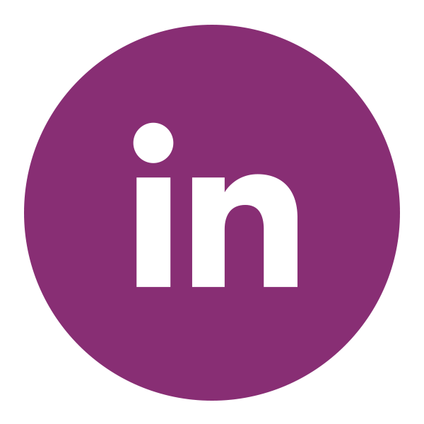 LinkedIn logo inside a purple circle.