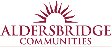 A logo for ALDERSBRIDGE COMMUNITIES featuring a stylized sun with rays above the text.