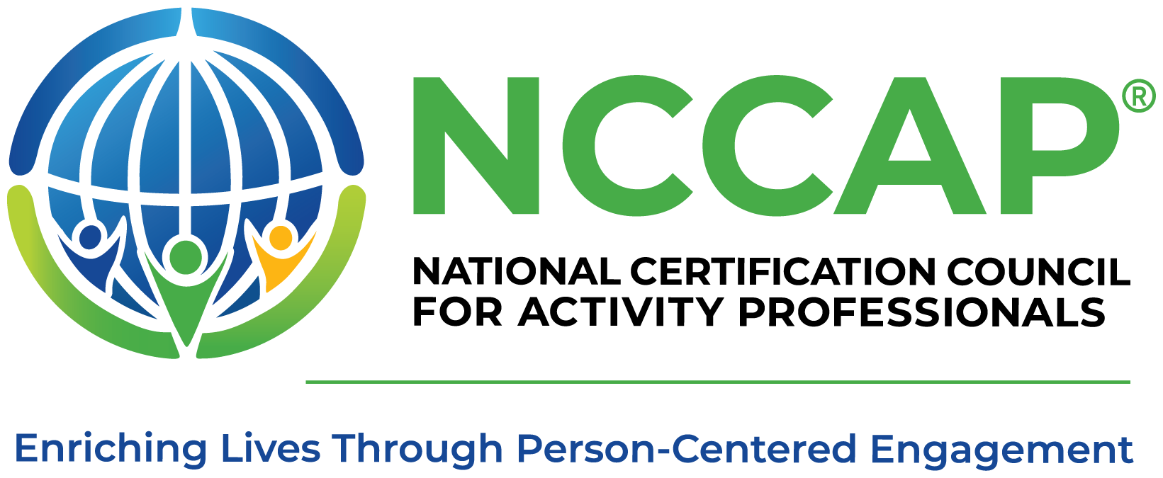 NCCAP logo with a blue globe and green and yellow accents. National Certification Council for Activities Professionals.