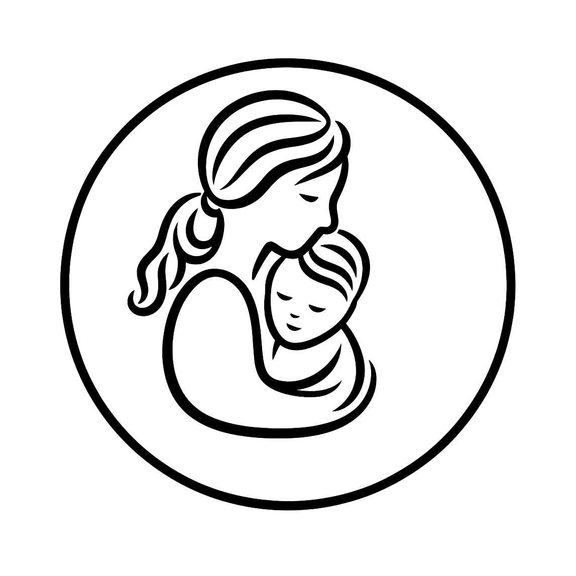 Line drawing of a woman with long hair holding a child, both with gentle expressions, inside a circle.