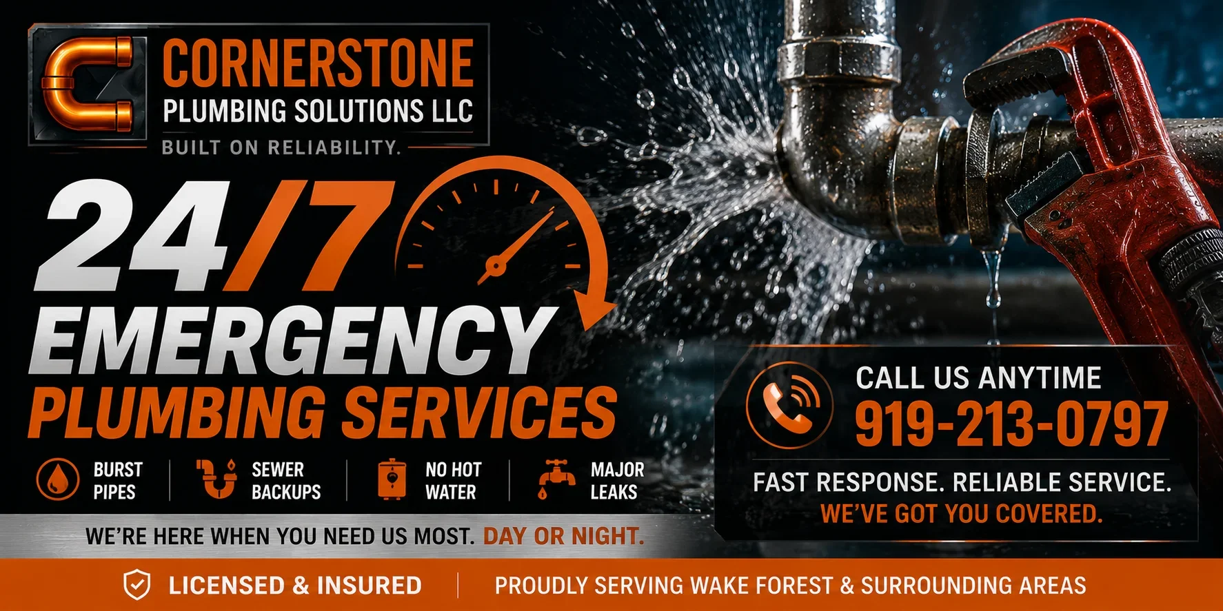 Advertisement for Cornerstone Plumbing Solutions LLC offering 24/7 emergency plumbing services, including burst pipes, sewer backups, no hot water, and major leaks, with a phone number for contact and emphasis on fast response and reliable service.