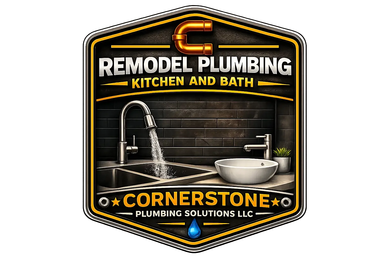 Logo for Remodel Plumbing Kitchen and Bath, featuring a kitchen sink with modern faucets and a small potted plant against a black tiled backsplash, with the text 'Cornerstone Plumbing Solutions LLC' at the bottom.