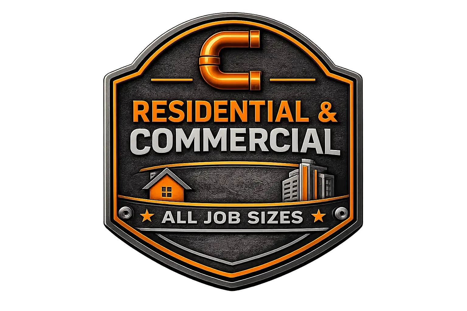 A sign for residential and commercial jobs with the text 'All Job Sizes' at the bottom, featuring a neon orange and gray color scheme and images of a house and a building.