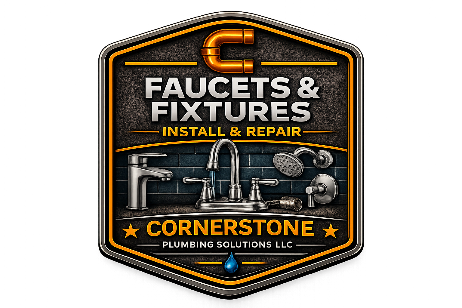 Sign for Faucets & Fixtures Install & Repair at Cornerstone Plumbing Solutions LLC, featuring a kitchen faucet, showerhead, and plumbing accessories.