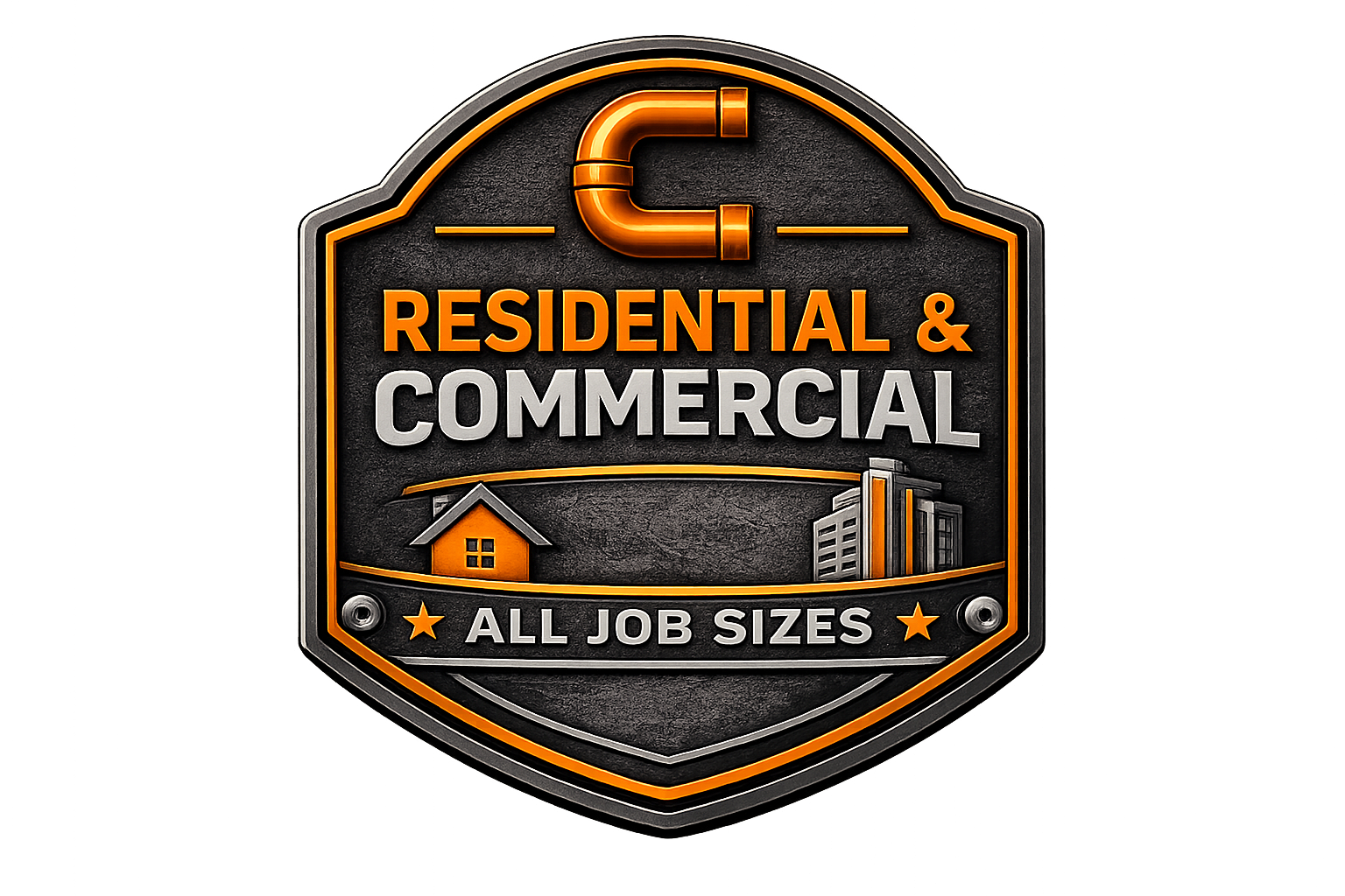 Metal emblem with a pipe design, reading "Residential & Commercial," featuring a house and office building icons, and the phrase "All Job Sizes" at the bottom.