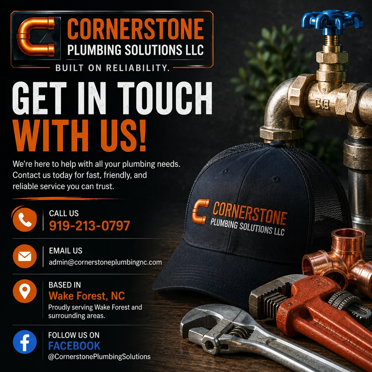 Advertisement for Cornerstone Plumbing Solutions LLC featuring a black cap with company logo, plumbing tools, and pipe fittings with contact information, located in Wake Forest, NC.