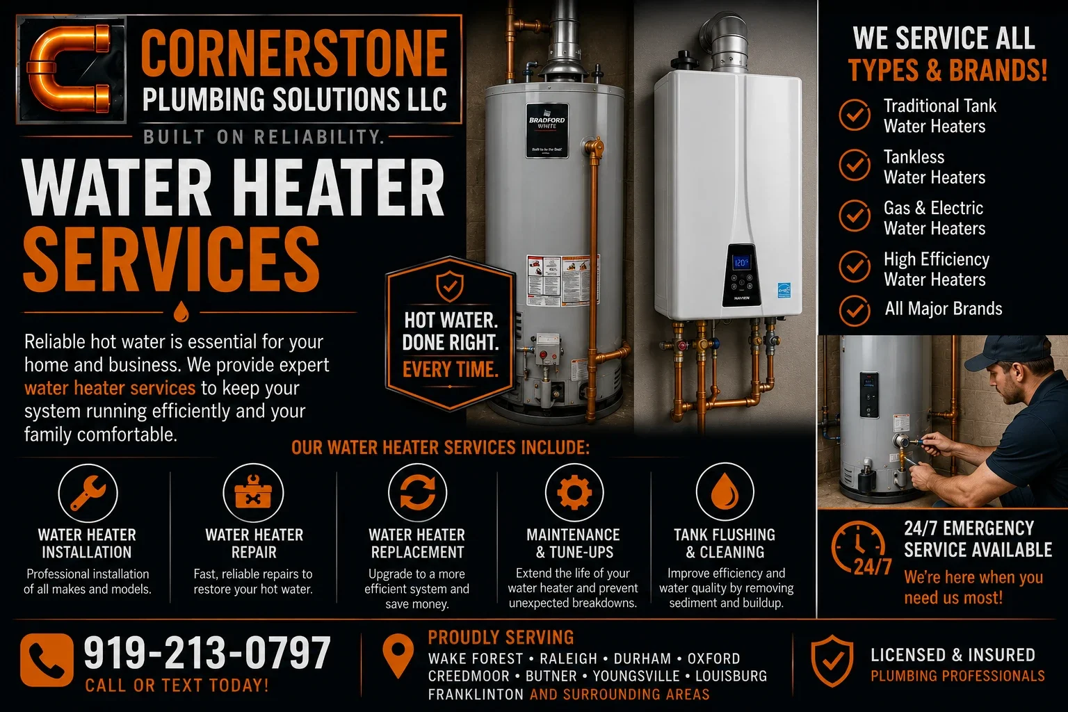 Advertisement for Cornerstone Plumbing Solutions LLC, promoting water heater services including installation, repair, replacement, maintenance, and tank flushing. The ad features images of water heaters and mentions service coverage area, emergency service, and contact number.