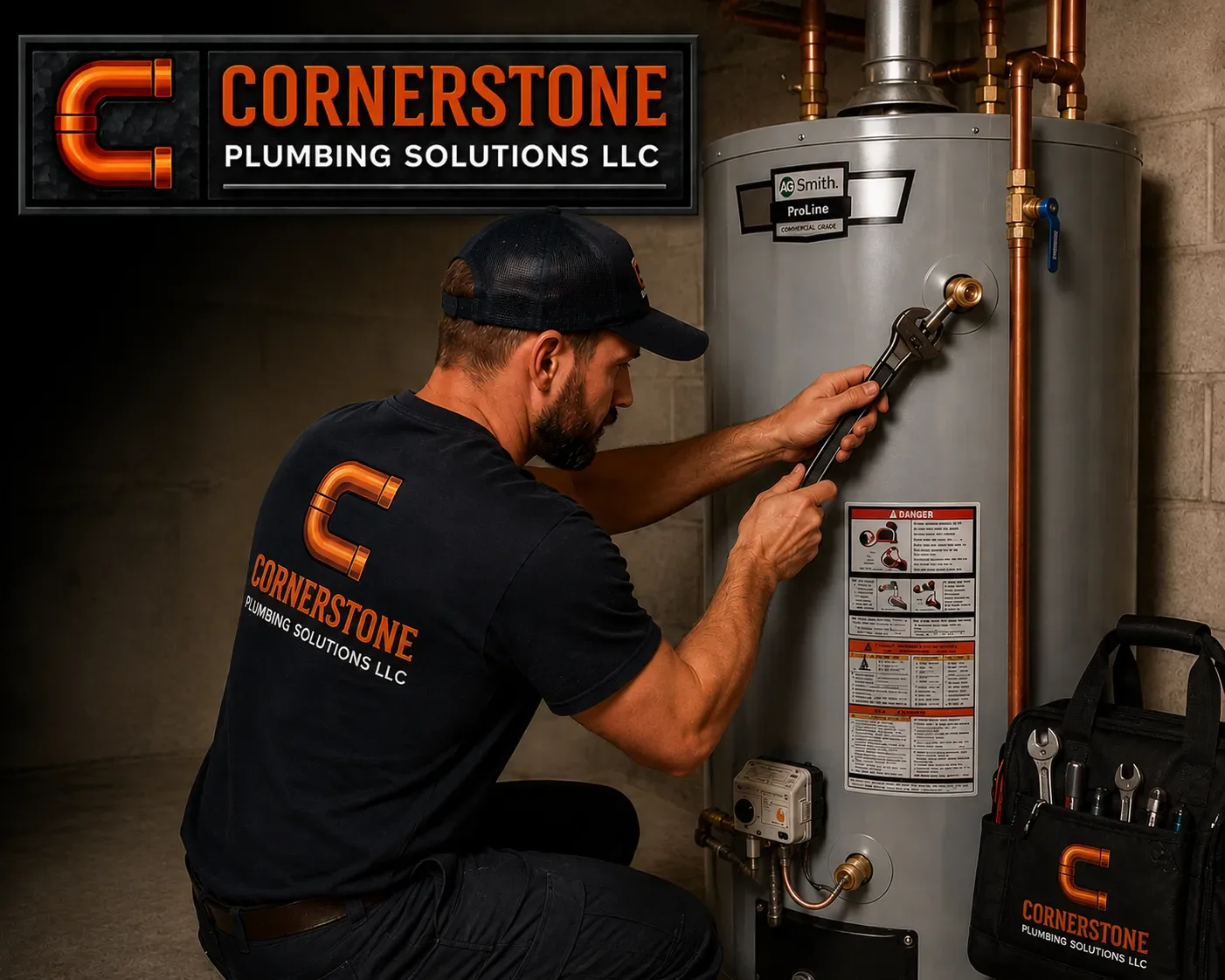 A technician working on a water heater, with a black shirt and cap branded with Cornerstone Plumbing Solutions LLC. The technician is using a wrench to make adjustments to the water heater, which is installed against a concrete wall. A tool bag with the same branding rests on the floor beside him.