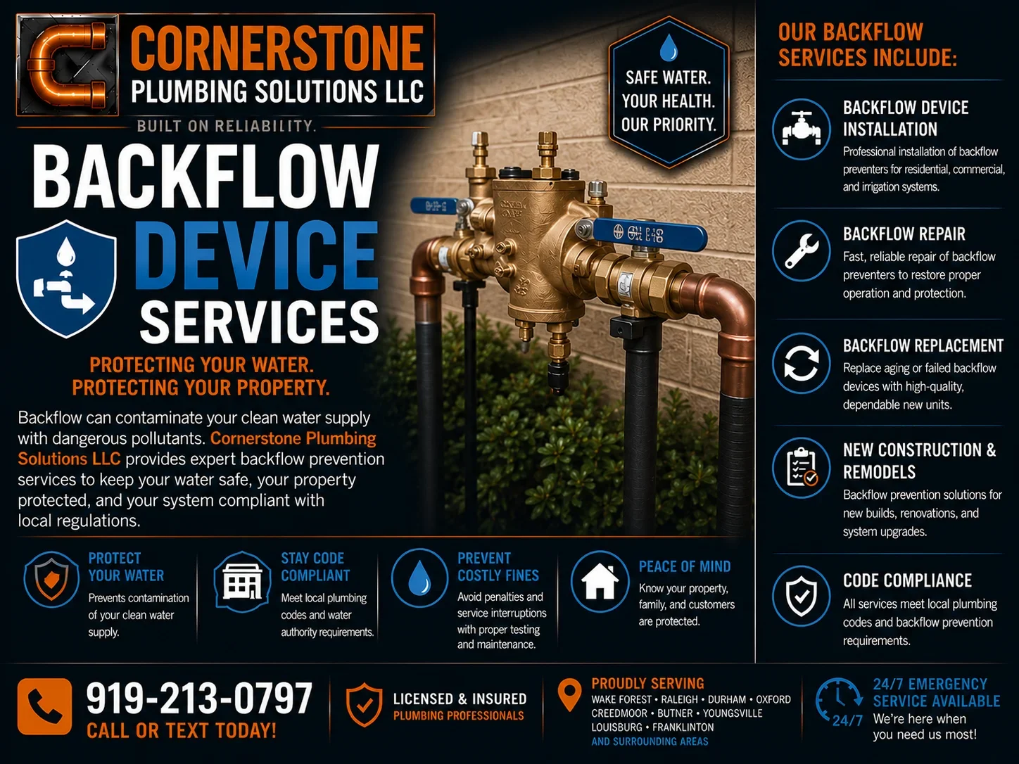 An advertisement for Cornerstone Plumbing Solutions LLC promoting backflow device services, including installation, repair, replacement, and new construction. The ad features an image of a backflow device, a menu of services, contact information, and highlights the company's qualifications and emergency services.