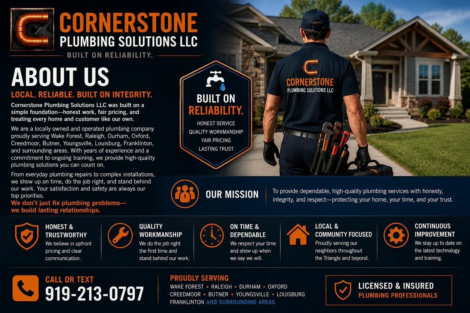 Flyer for Cornerstone Plumbing Solutions LLC featuring a man in uniform carrying plumbing tools in front of a house, with text about the company's services, values, and contact information.