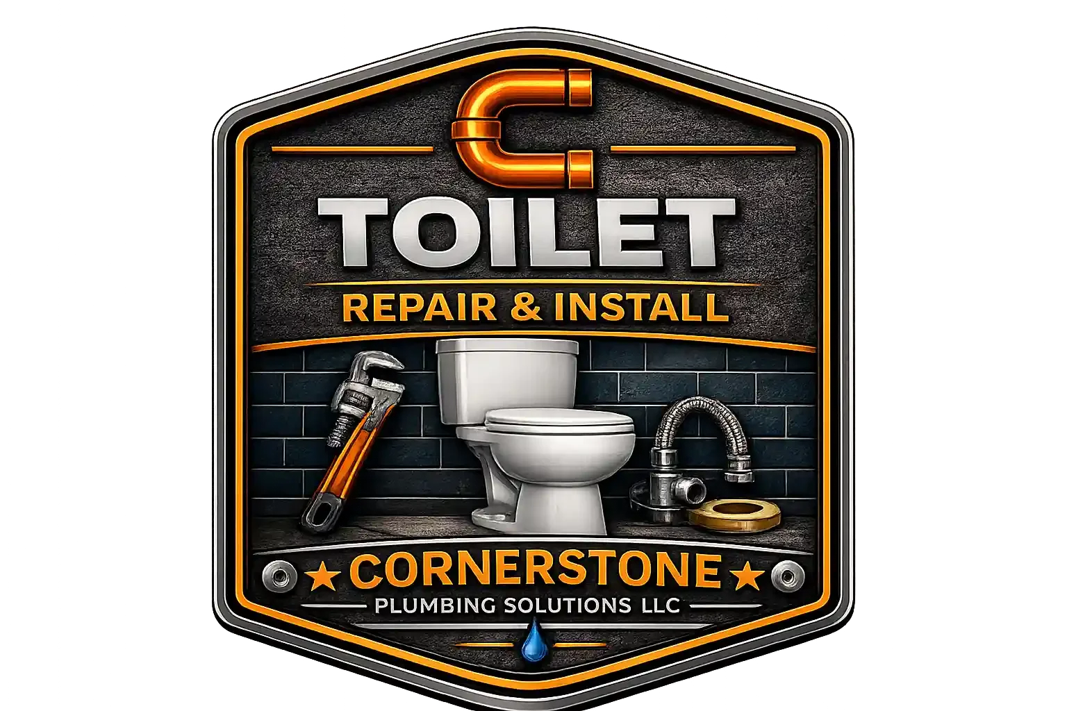 A sign for a plumbing business called Cornerstone Plumbing Solutions LLC, offering toilet repair and installation services. The sign features a toilet, a wrench, a pipe, and a flange, with a neon light design.