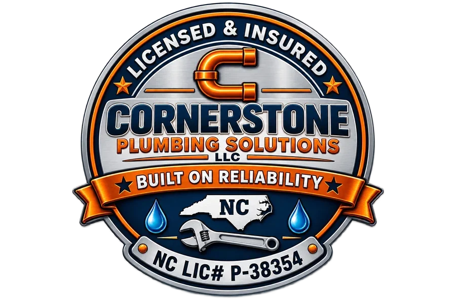 Round logo for Cornerstone Plumbing Solutions LLC, licensed and insured, with North Carolina license number P-38354. Features a pipe emblem, water droplets, a wrench, and a map of North Carolina, with the slogan 'Built on Reliability'.