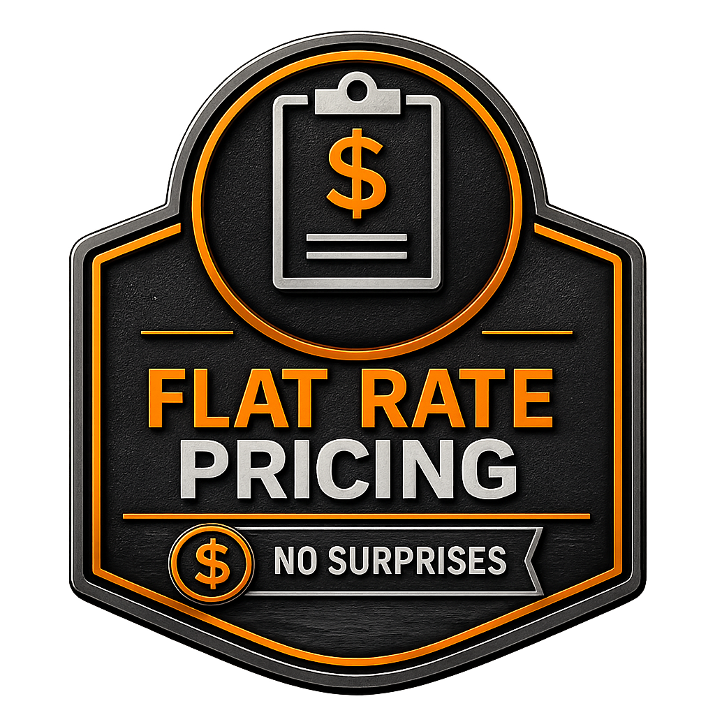 Sign advertising flat rate pricing with a clipboard icon and dollar signs, featuring bold orange and white text that says 'Flat Rate Pricing' and 'No Surprises'.