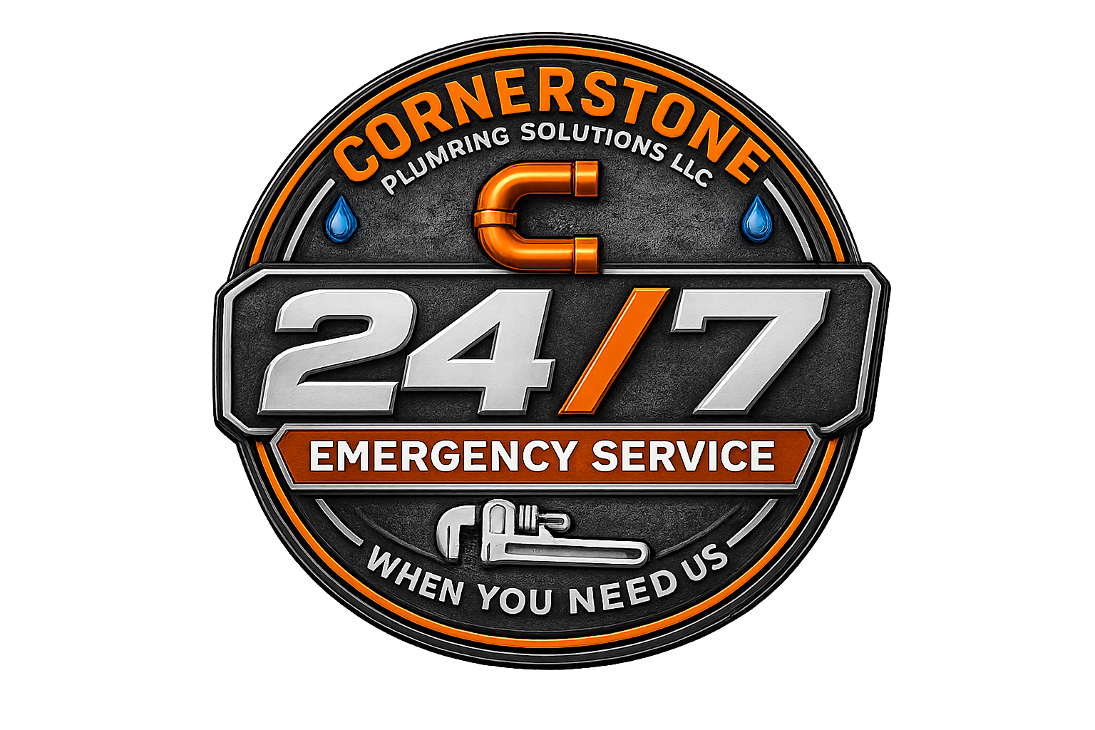 A circular logo for Cornerstone Plumbing Solutions LLC with emergency plumbing service available 24/7. The logo includes a pipe and wrench graphic, water drops, and claims 'When you need us'.