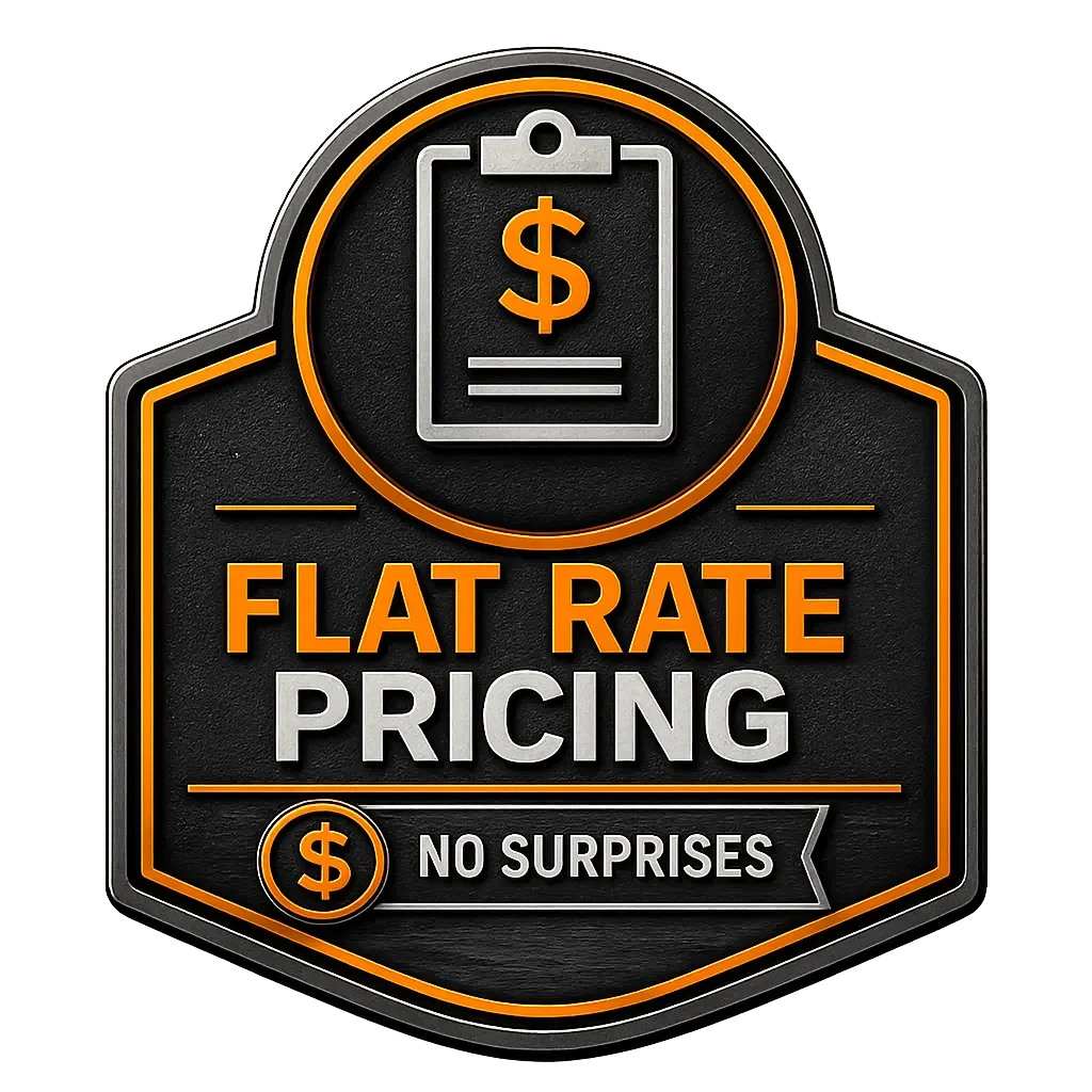 Badge with the text 'Flat Rate Pricing, No Surprises' and icons of a clipboard with a dollar sign and a dollar sign around a banner.