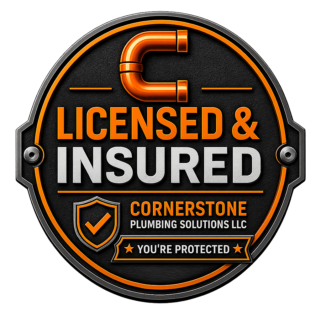 Badge with a magnet graphic at the top, text stating "Licensed & Insured," logo of Cornerstone Plumbing Solutions LLC, shield icon with check mark, and a banner that says "You're Protected."