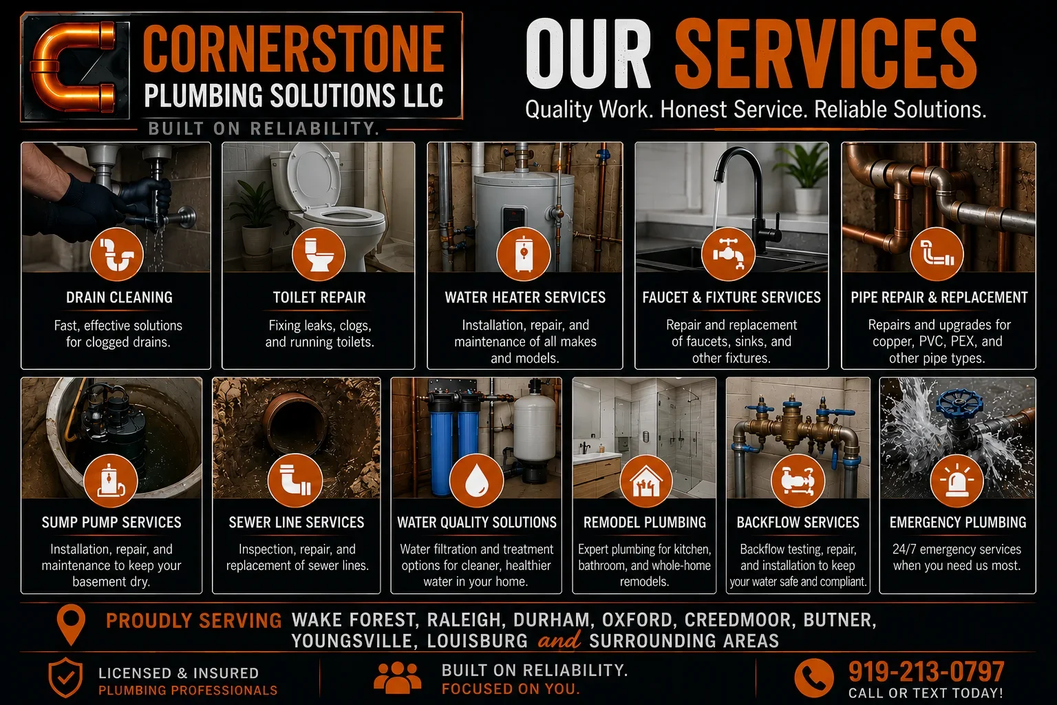 A poster for Cornerstone Plumbing Solutions LLC showcasing various plumbing services including drain cleaning, toilet repair, water heater services, faucet and fixture services, pipe repair and replacement, sump pump services, sewer line services, water quality solutions, remodel plumbing, backflow services, and emergency plumbing. The poster features contact information and service areas.