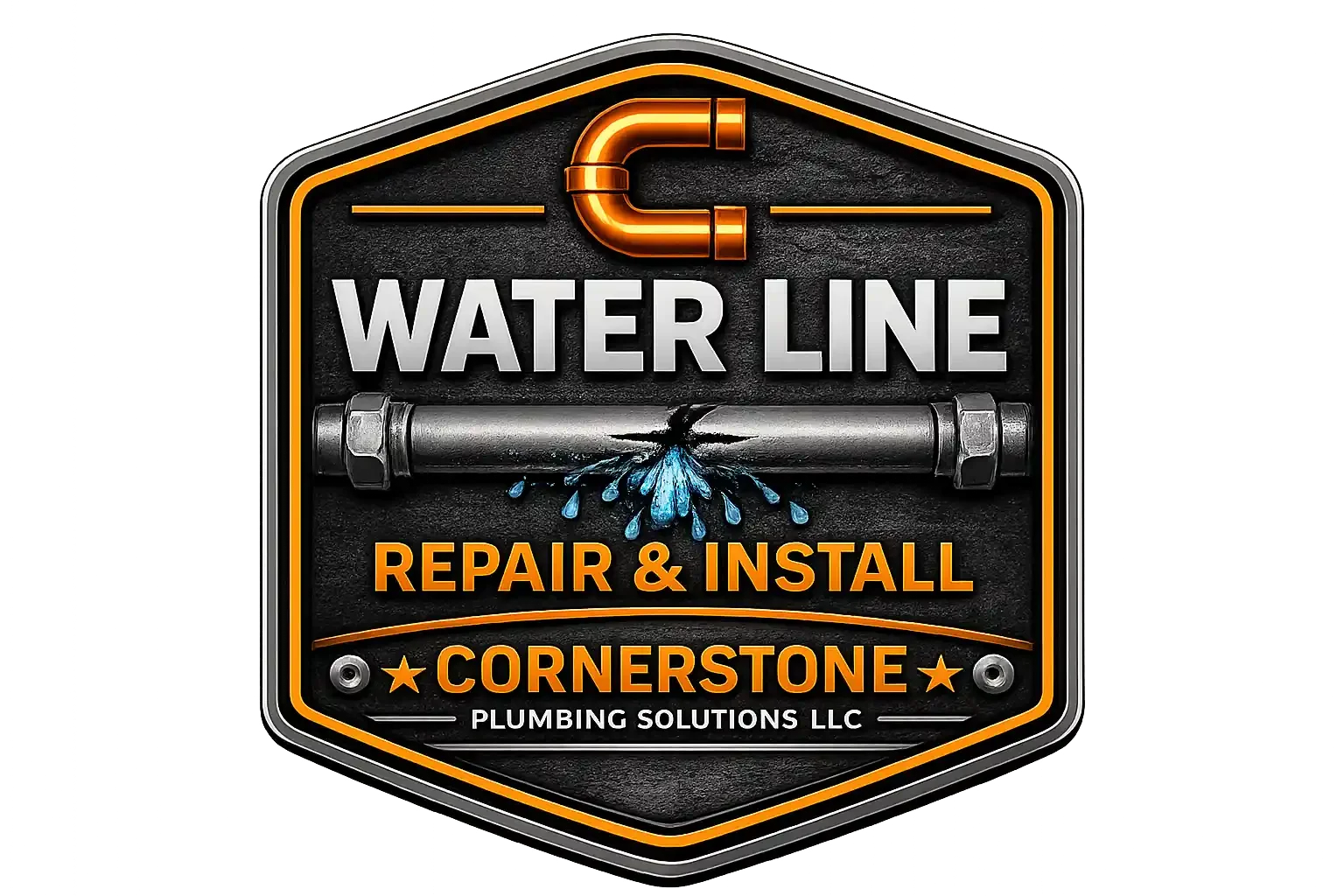A logo sign for water line plumbing services with a pipe, water drops, and neon-style text that says 'Water Line Repair & Install Cornerstone Plumbing Solutions LLC'.
