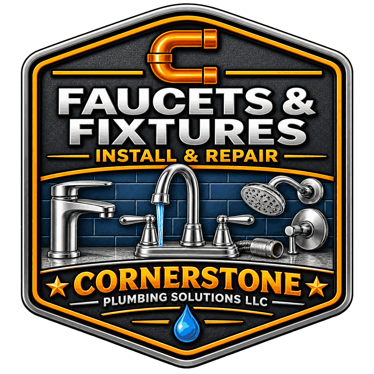 Logo for Cornerstone Plumbing Solutions LLC featuring a black shield with a metallic silver border, a warm orange pipe forming a hook at the top, text for faucets and fixtures repair, and an illustration of three metallic bathroom fixtures (faucet, shower, and valve) above a blue brick background, a water drop at the bottom.