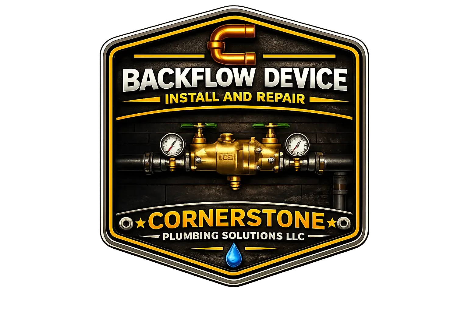 Sign for Backflow Device Install and Repair by Cornerstone Plumbing Solutions LLC, featuring plumbing equipment, gauges, and pipes.