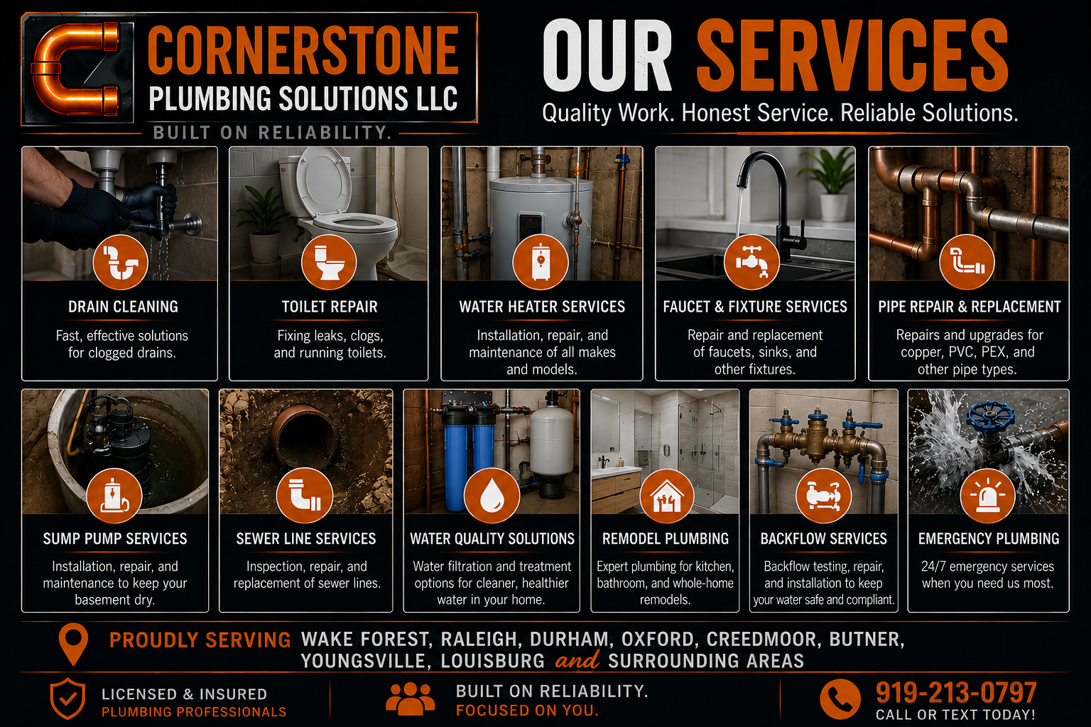 A service advertisement for Cornerstone Plumbing Solutions LLC detailing services such as drain cleaning, toilet repair, water heater services, faucet and fixture services, pipe repair and replacement, sump pump services, sewer line services, water quality solutions, remodel plumbing, backflow services, and emergency plumbing, with contact information and service areas.