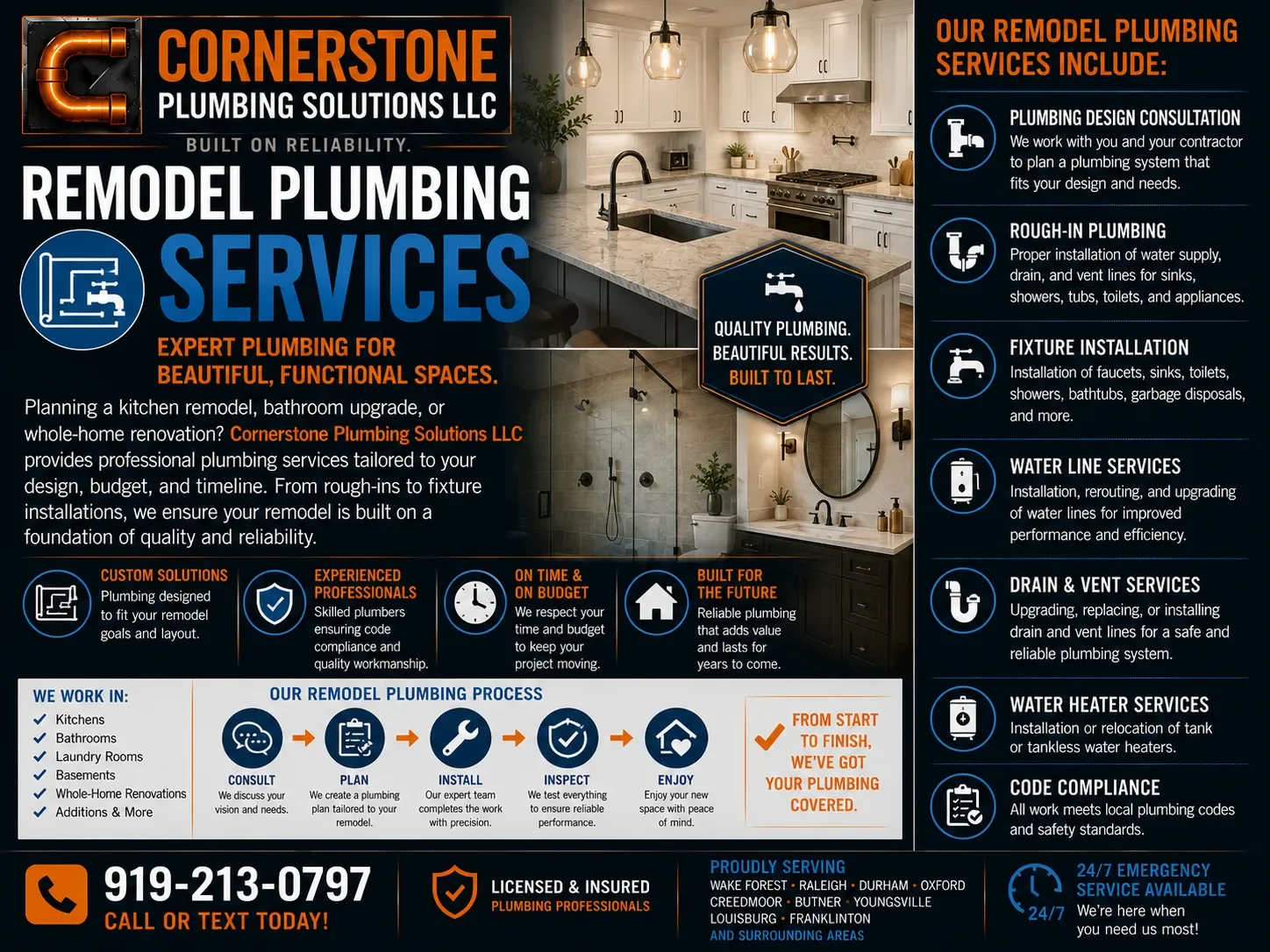 A flyer for Cornerstone Plumbing Solutions LLC featuring images of remodeled kitchens and bathrooms. It lists services such as plumbing design consultation, rough-in plumbing, fixture installation, water line services, drain and vent services, water heater services, and code compliance. The flyer emphasizes quality, reliability, experienced professionals, and a comprehensive remodeling process.