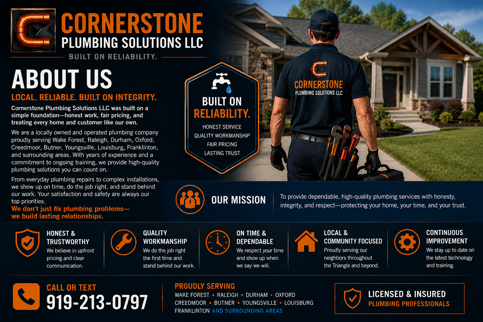 A promotional flyer for Cornerstone Plumbing Solutions LLC featuring a technician walking to a house with a toolbox. The flyer highlights the company's reliability, mission, values, and contact information in orange, white, and blue text on a dark background.