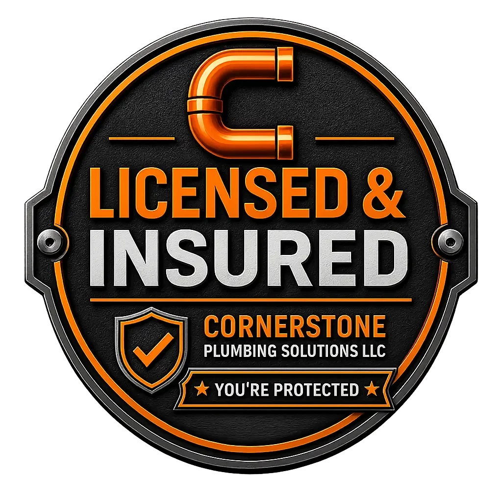 A circular badge indicating licensed and insured plumbing services by Cornerstone Plumbing Solutions LLC, with a black background and orange and gray text, including a shield with a check mark and a pipe-shaped magnet.
