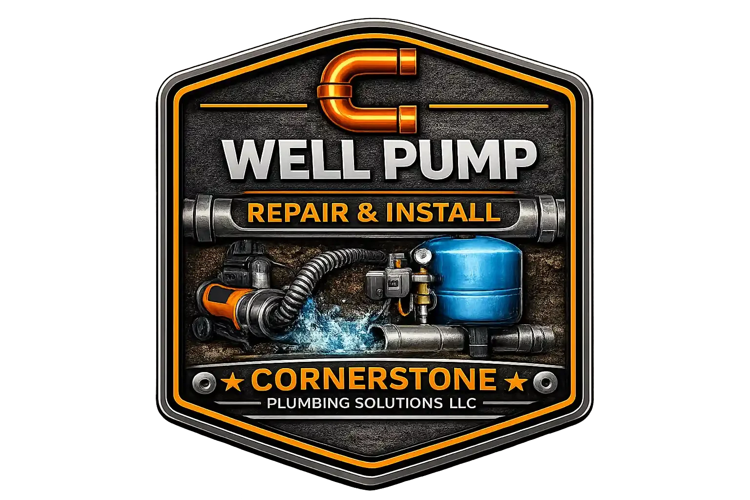 A logo for Well Pump Repair & Install by Cornerstone Plumbing Solutions LLC, featuring a well pump system with pipes, a blue pressure tank, and a water pump, with a black background.