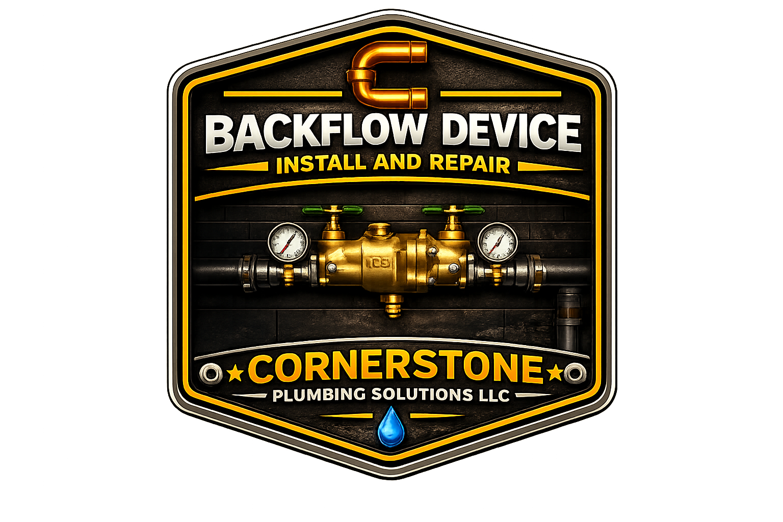 A sign for Cornerstone Plumbing Solutions LLC featuring a backflow device with gauges and valves, with the text 'Backflow Device Install and Repair'.