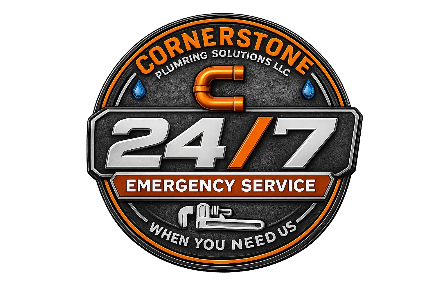 Logo for Cornerstone Plumbing Solutions LLC featuring 24/7 emergency plumbing service, with pipes and water droplets graphics.