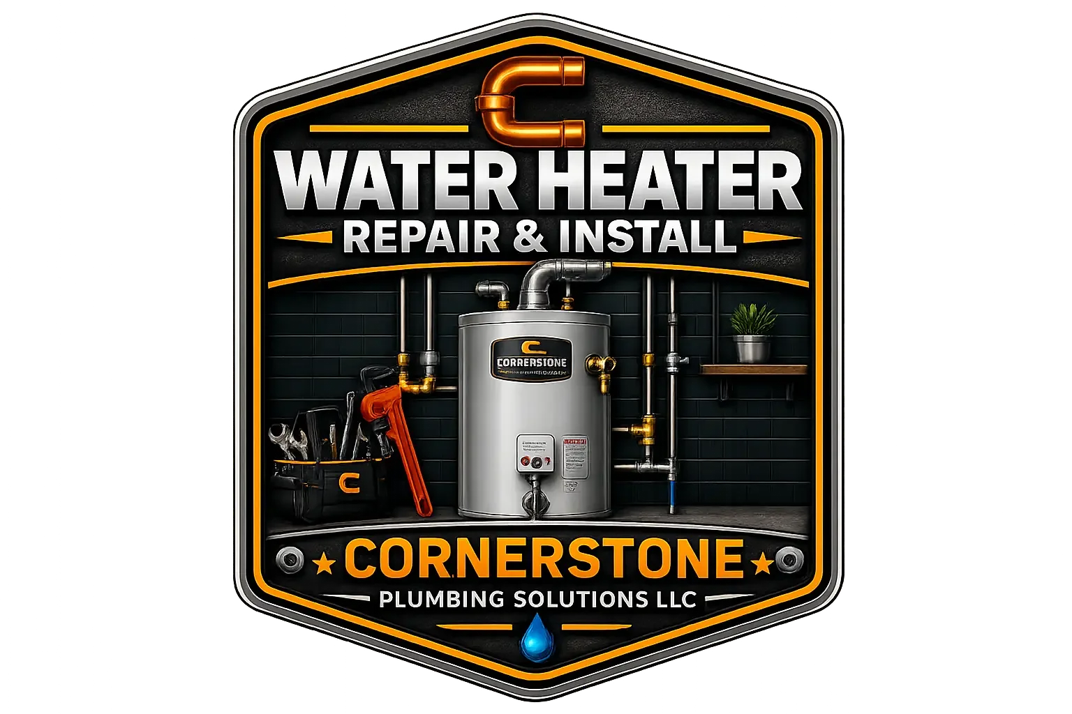 Sign for Cornerstone Plumbing Solutions LLC with a water heater and tools in a workshop setting, advertising water heater repair and installation services.