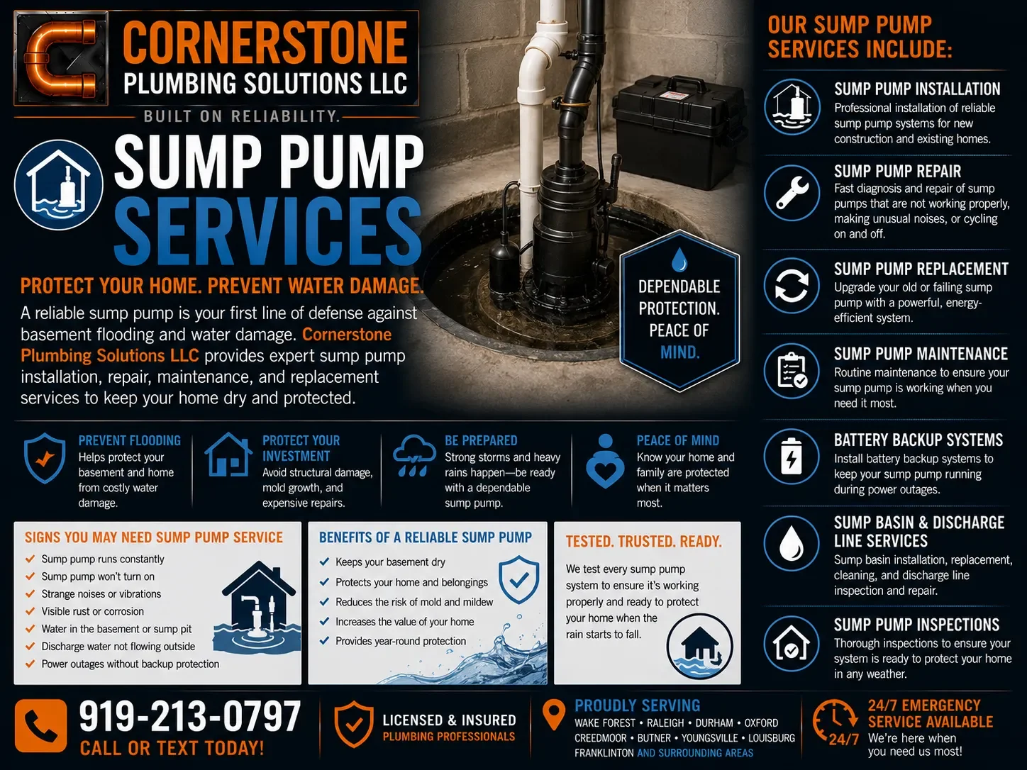 A flyer for Cornerstone Plumbing Solutions LLC promoting sump pump services, including installation, repair, maintenance, replacement, backup systems, and line services with contact information and service details.