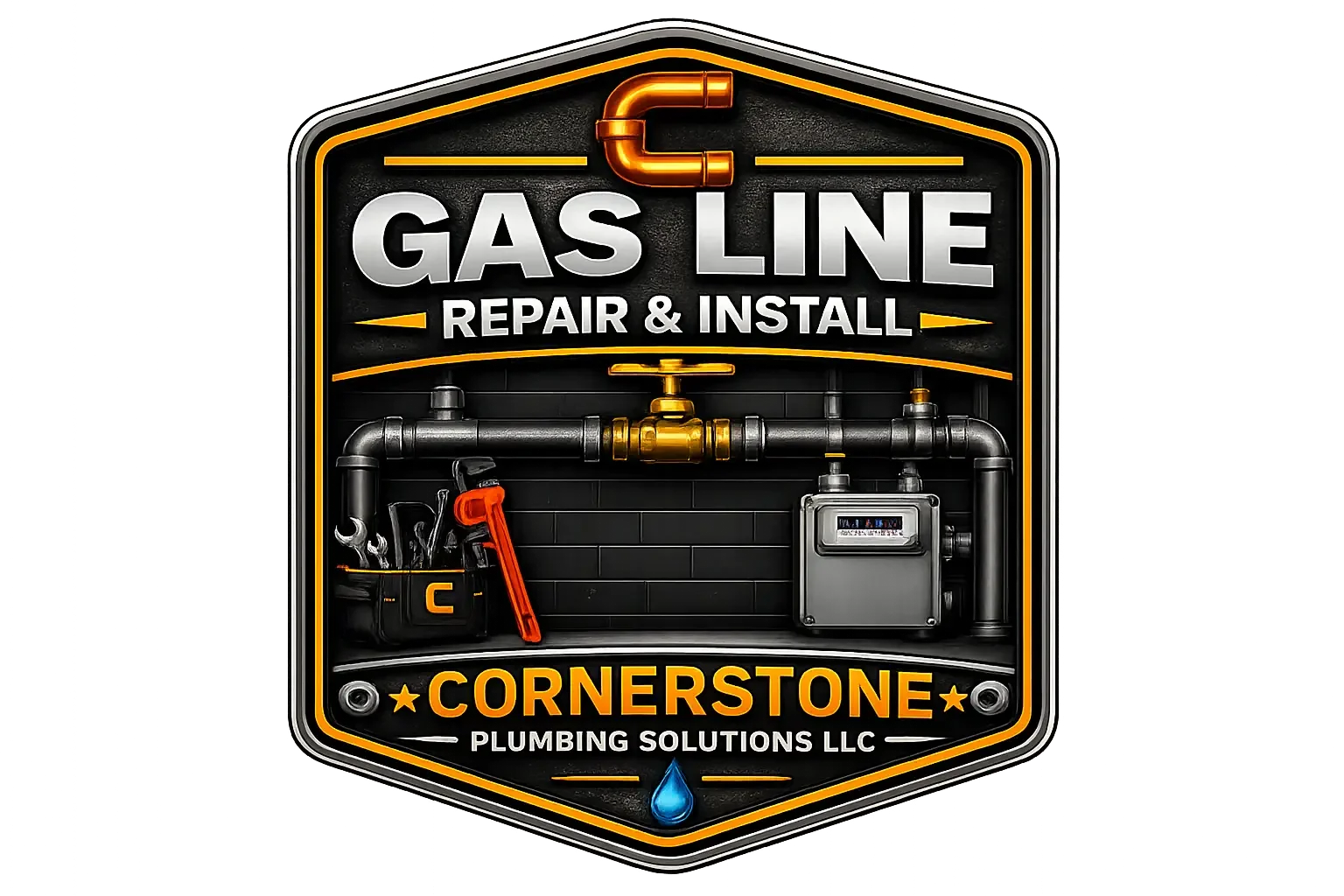 Logo for Cornerstone Plumbing Solutions LLC featuring gas pipes, tools, and a water droplet.