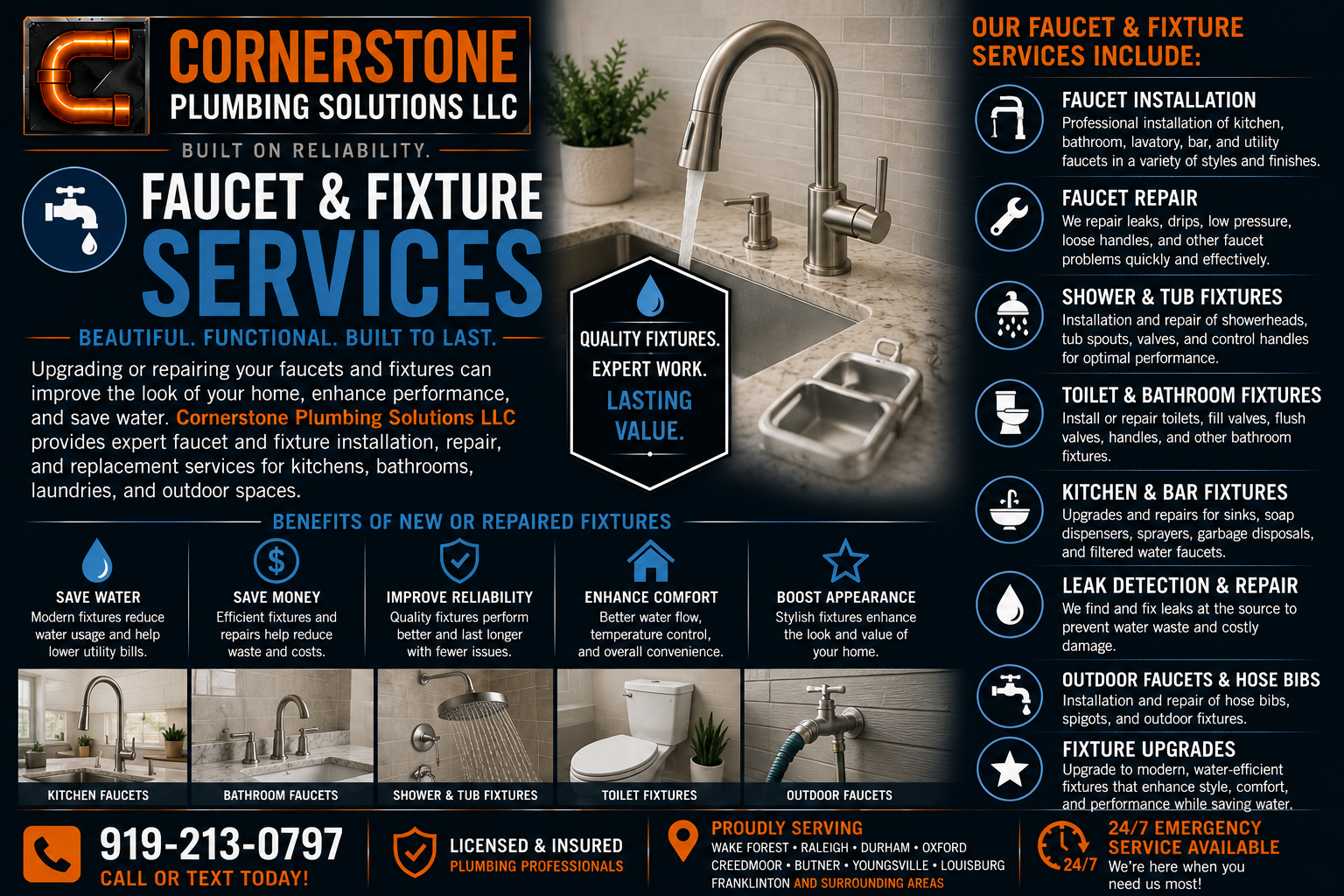Infographic for Cornerstone Plumbing Solutions LLC advertising faucet and fixture repair services. Features images of kitchen, bathroom, shower, toilet, outdoor faucets, and fixtures. Contains service list, benefits of repairs, contact info, and service areas.