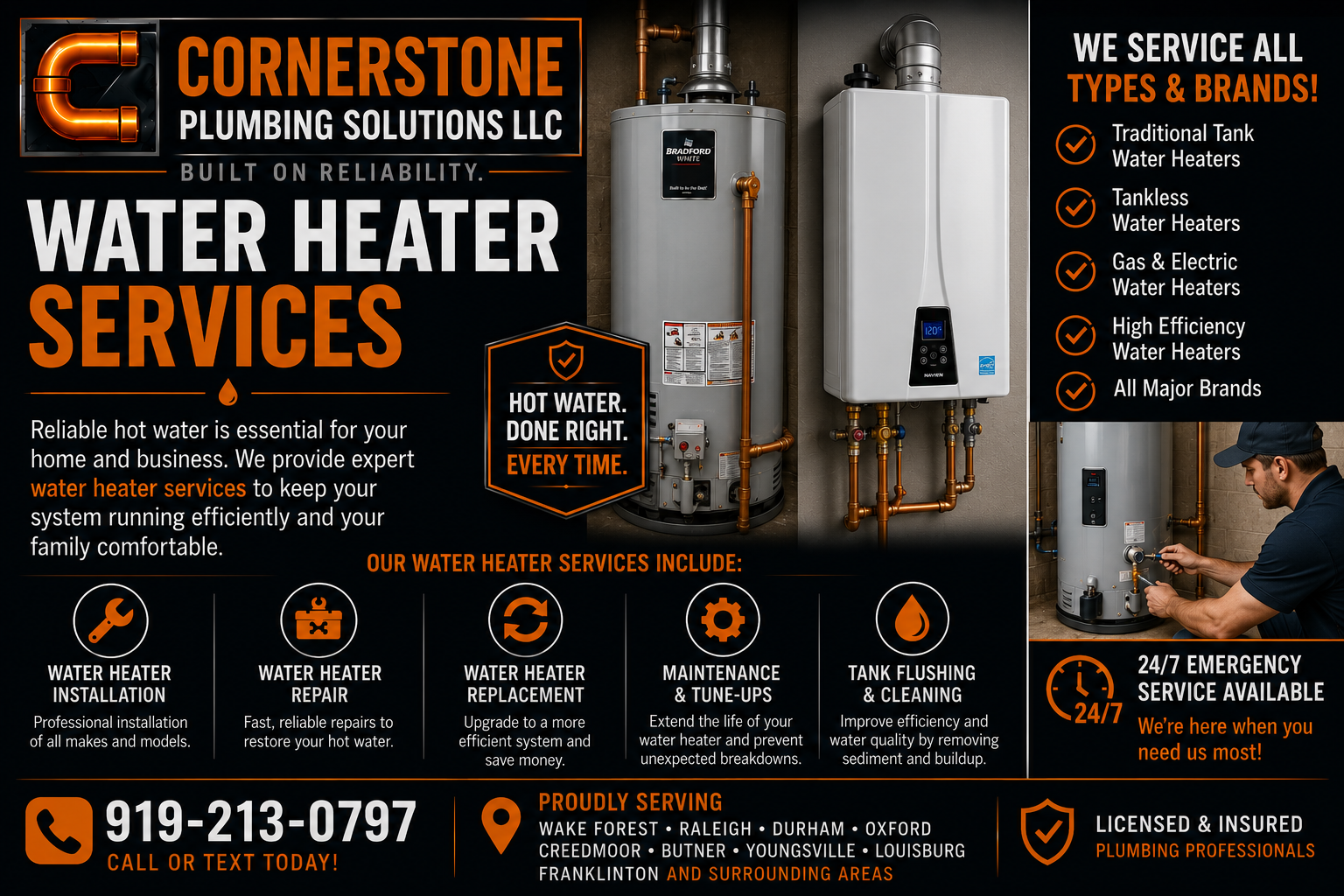 Advertisement for Cornerstone Plumbing Solutions LLC showcasing water heater installation, repair, replacement, maintenance, and tank flushing services, with phone number and service areas listed.