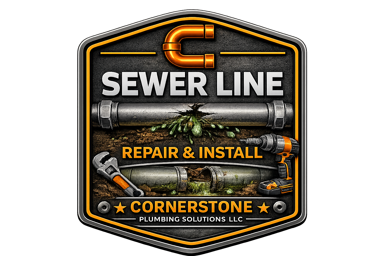 A sign for a plumbing company named Cornerstone Plumbing Solutions LLC that offers sewer line repair and installation. The sign features a drain pipe with water leaking and a wrench, a drill, and a pipe clamp, with an adhesive tube and sewer pipe below. The sign has a black background with orange, gray, and white text, and a small orange pipe graphic at the top.