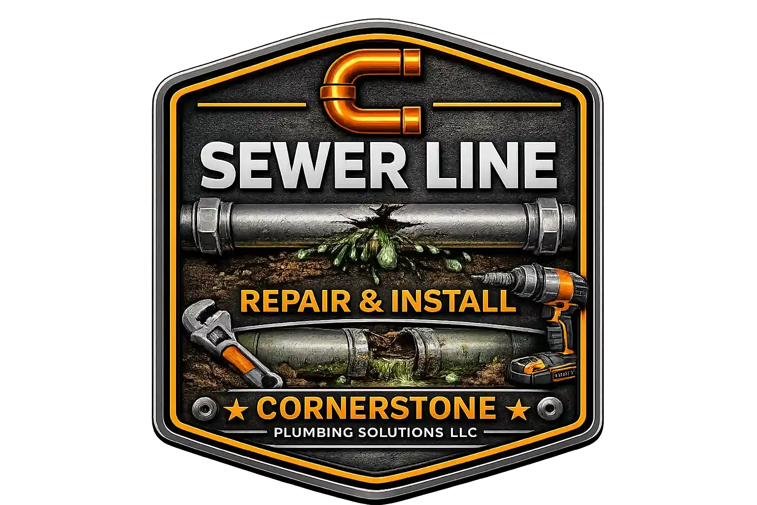 A badge for a sewer line repair and installation service by Cornerstone Plumbing Solutions LLC, featuring pipes, tools, and a crack with green material inside, with orange and black color scheme.